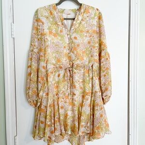 By Together Floral Long Sleeve Dress - Orange, Green, Cream